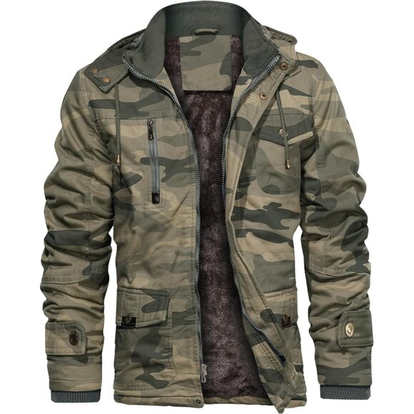 Mens Camo Thick Winter Jacket Hooded Fleece Lined Cotton Military Coat - Picture 1 of 6